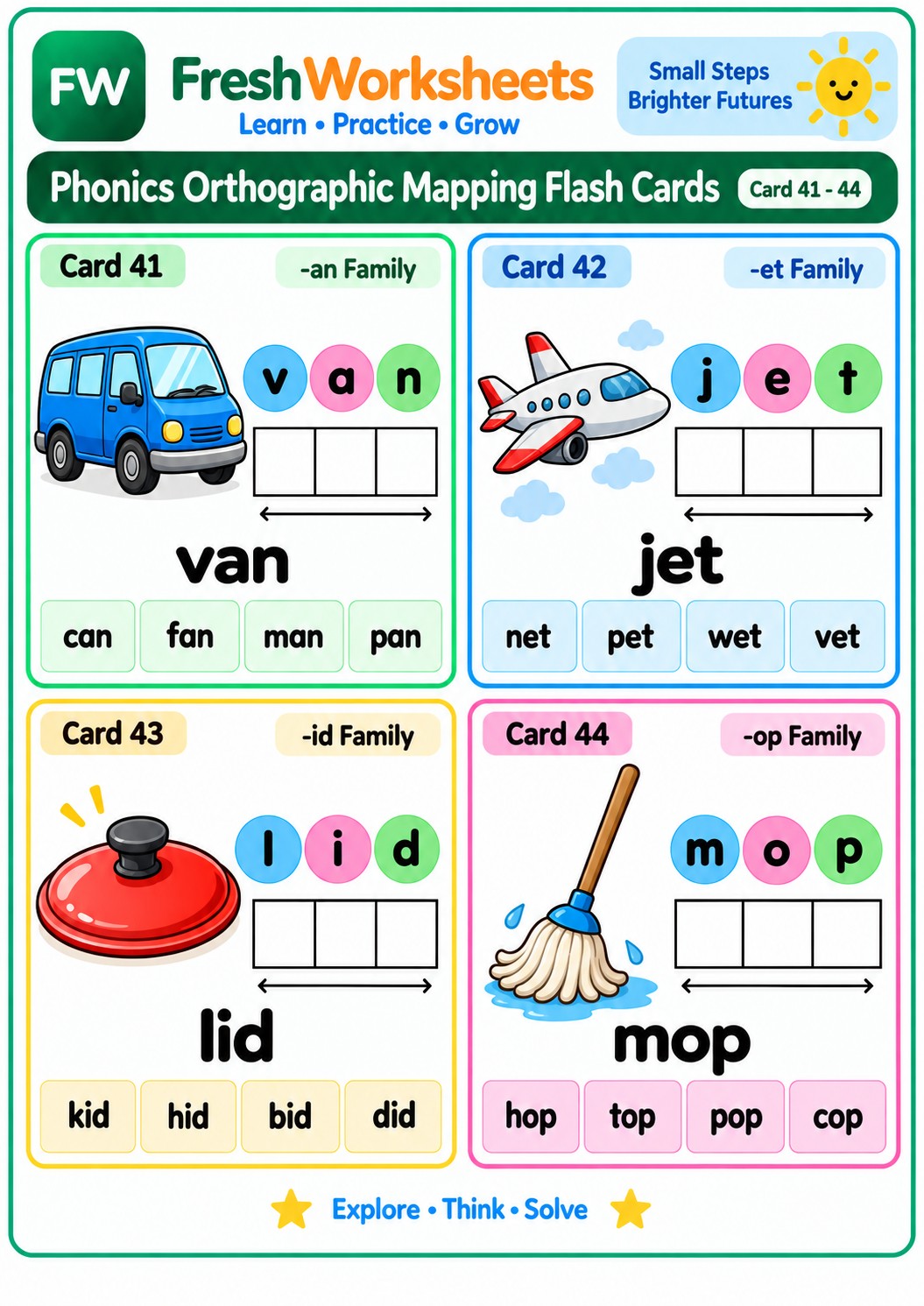Free printable Word Families: -an, -et, -id, -op worksheet PDF for kids