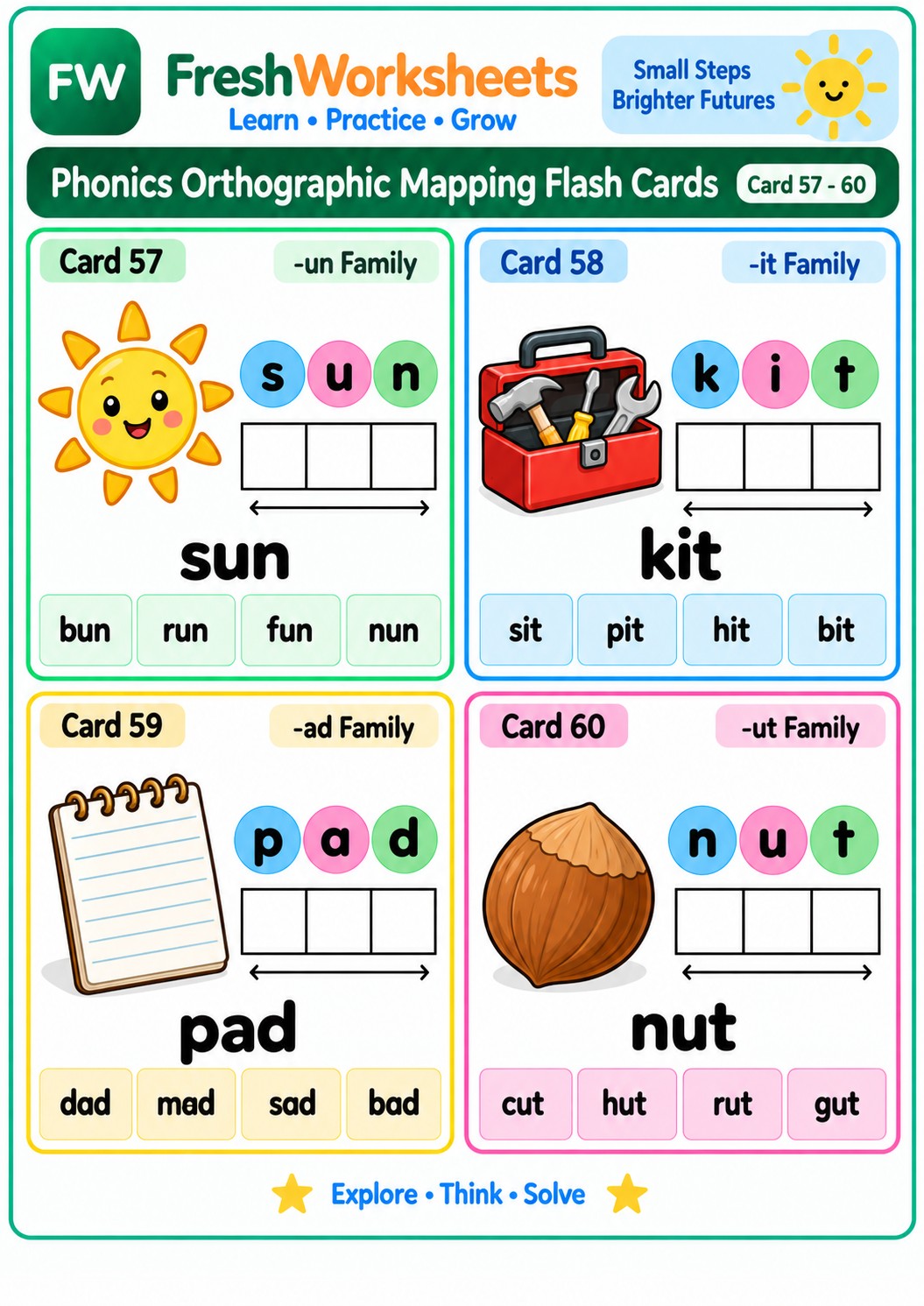 Free printable Word Families: -un, -it, -ad, -ut worksheet PDF for kids