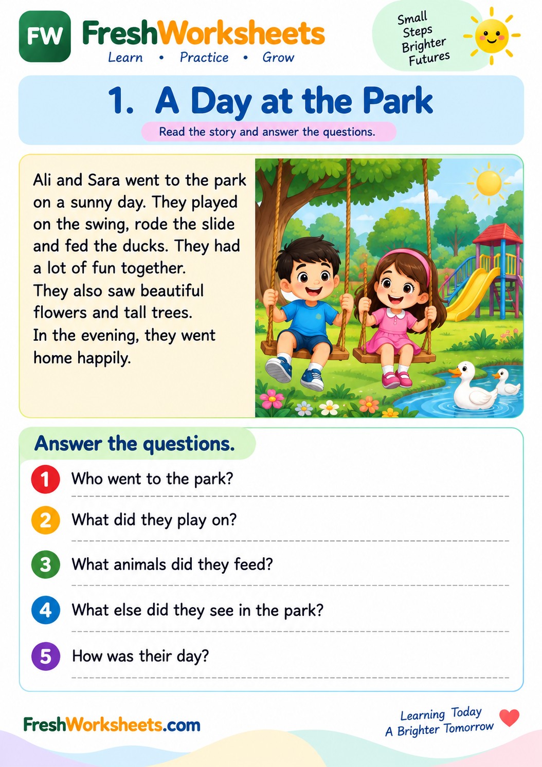 Free printable A Day at the Park worksheet PDF for kids