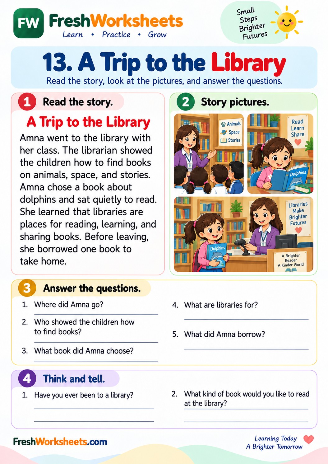 Free printable A Trip to the Library worksheet PDF for kids