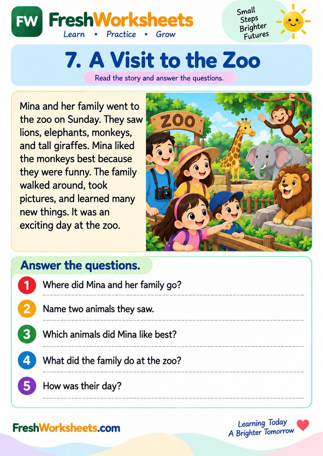 Free printable A Visit to the Zoo worksheet PDF for kids