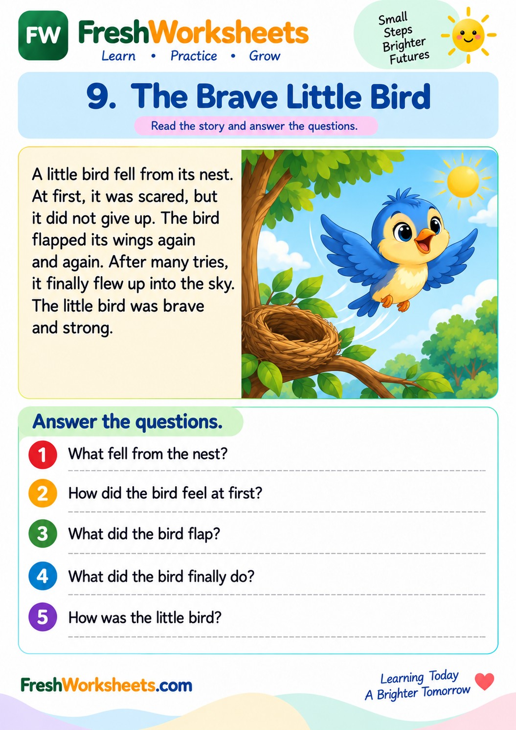 Free printable The Brave Little Bird worksheet PDF for kids