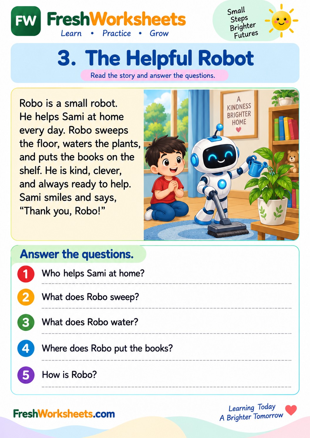 Free printable The Helpful Robot worksheet PDF for kids
