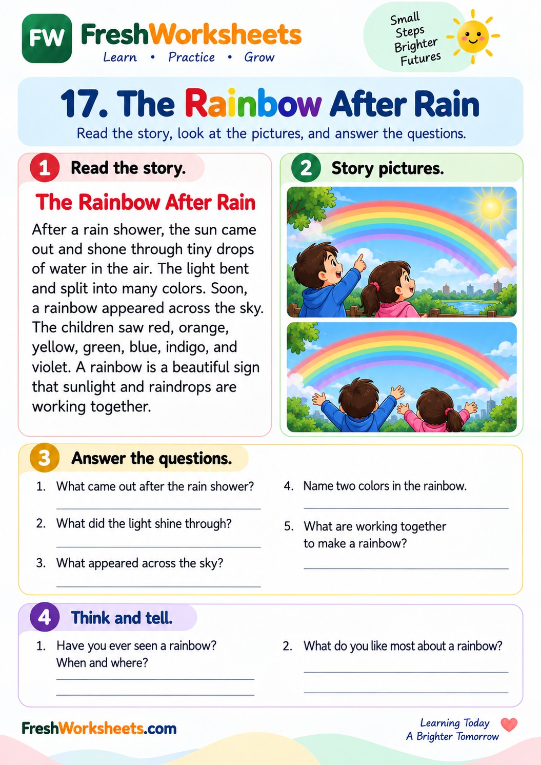 Free printable The Rainbow After Rain worksheet PDF for kids