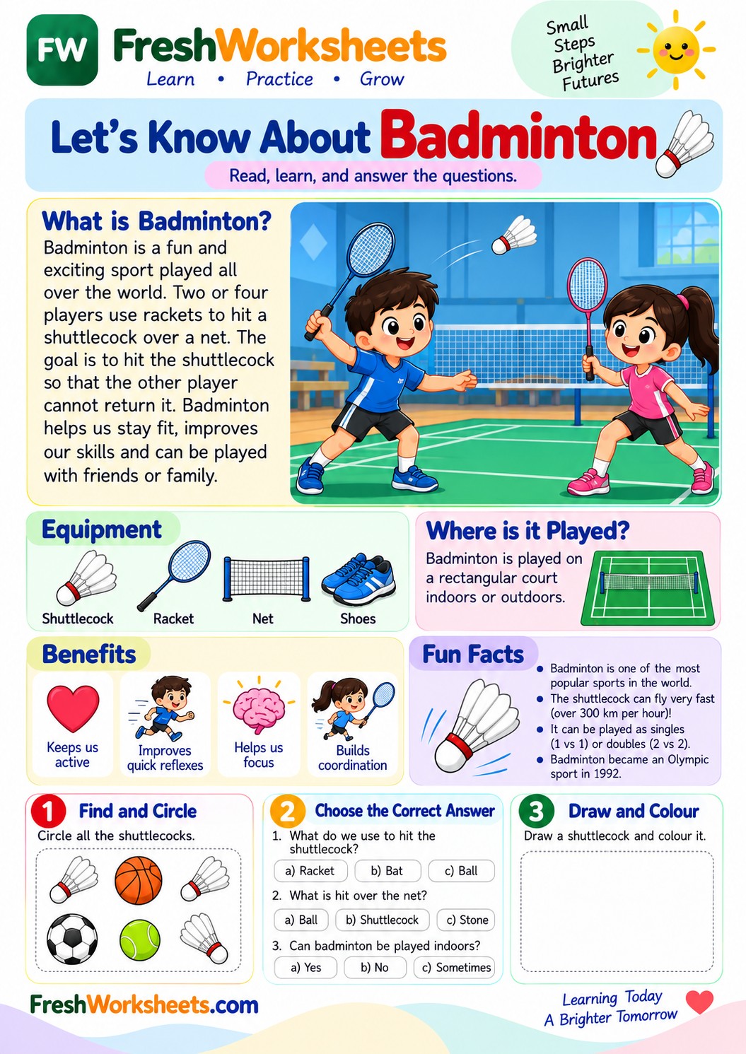 Free printable Badminton worksheet PDF for kids