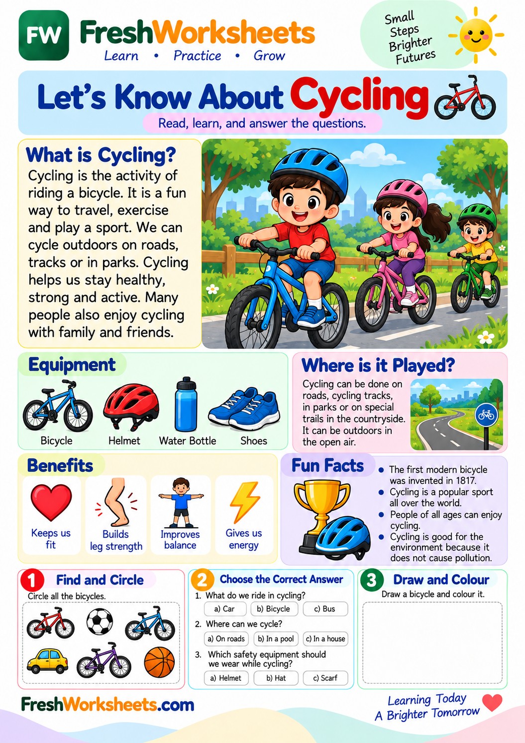 Free printable Cycling worksheet PDF for kids