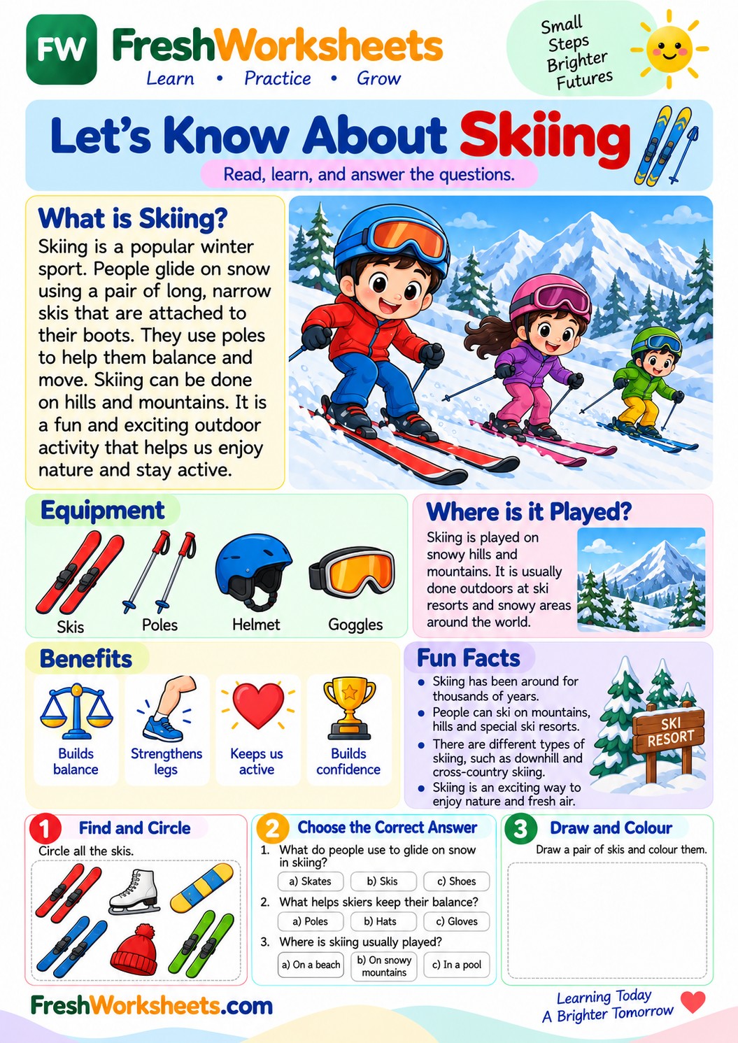 Free printable Skiing worksheet PDF for kids — Read, learn & answer