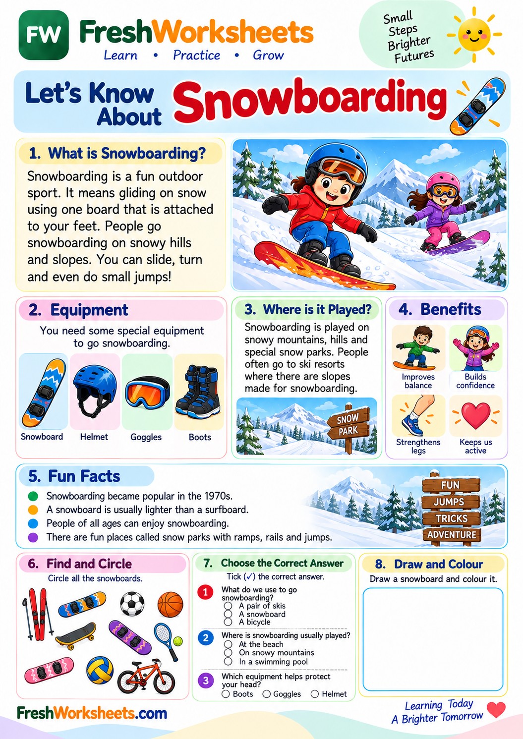 Free printable Snowboarding worksheet PDF for kids