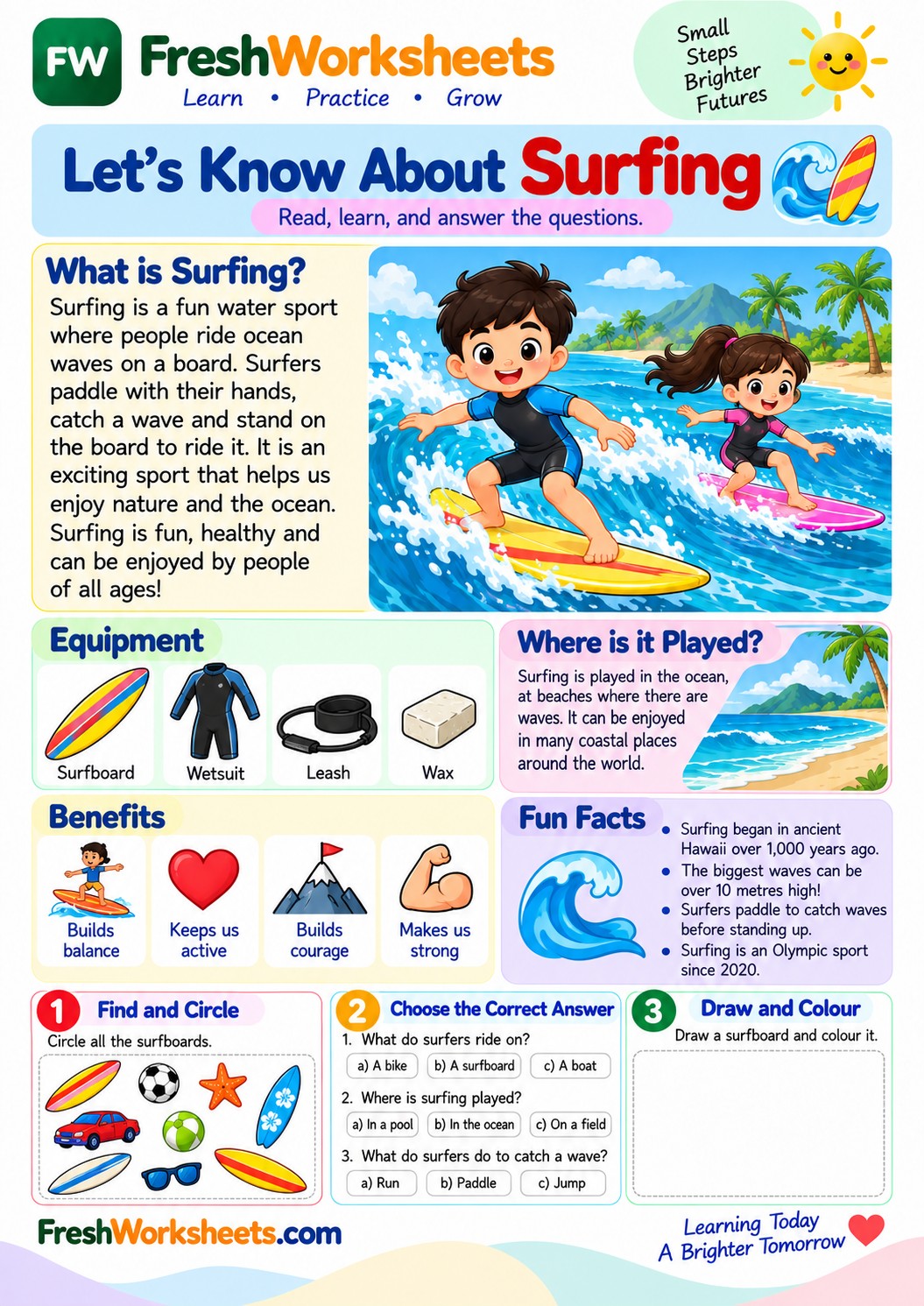 Free printable Surfing worksheet PDF for kids