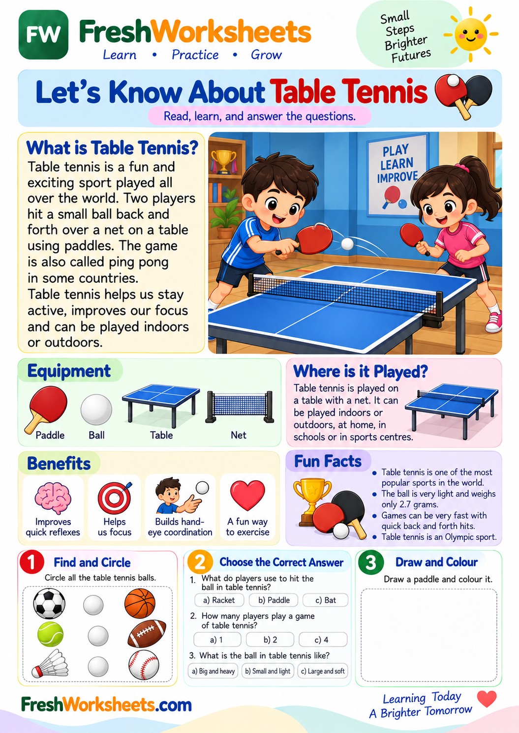Free printable Table Tennis worksheet PDF for kids