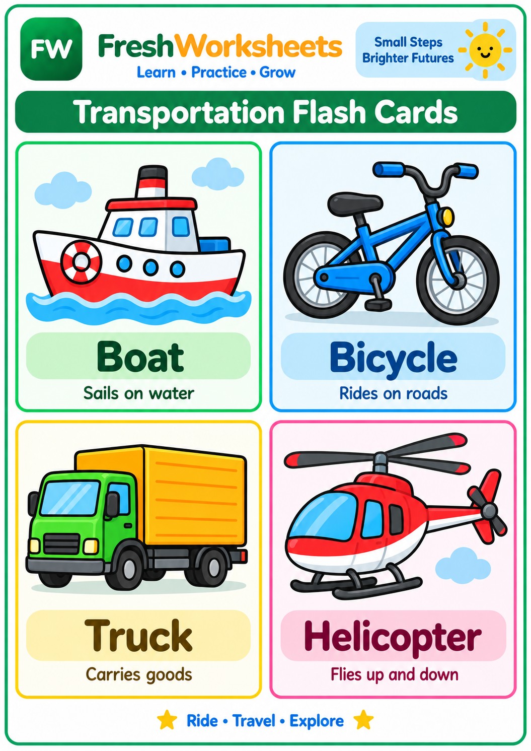 Free printable Transportation Flash Cards Set 3 worksheet PDF for kids
