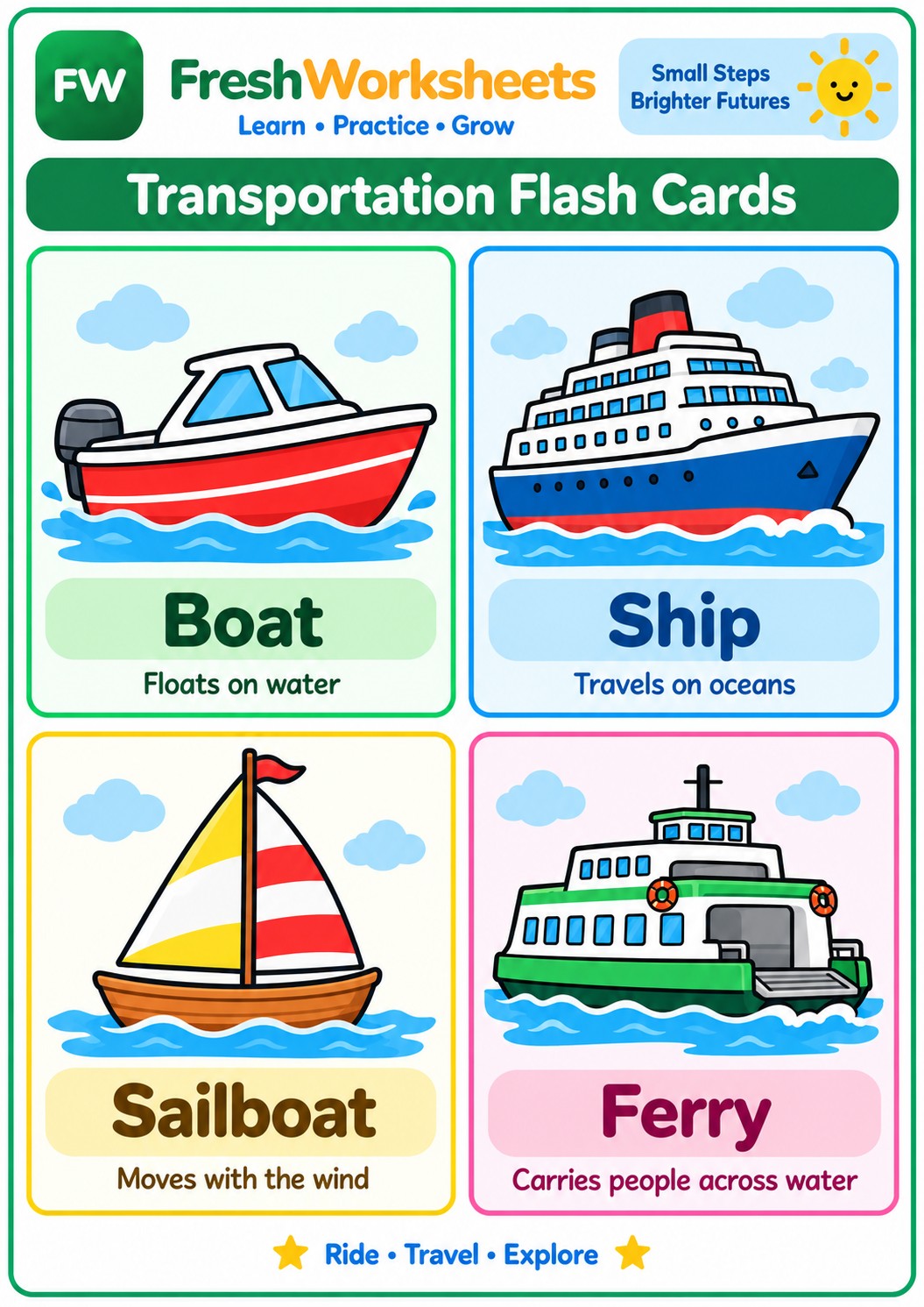 Free printable Transportation Flash Cards Set 4 worksheet PDF for kids