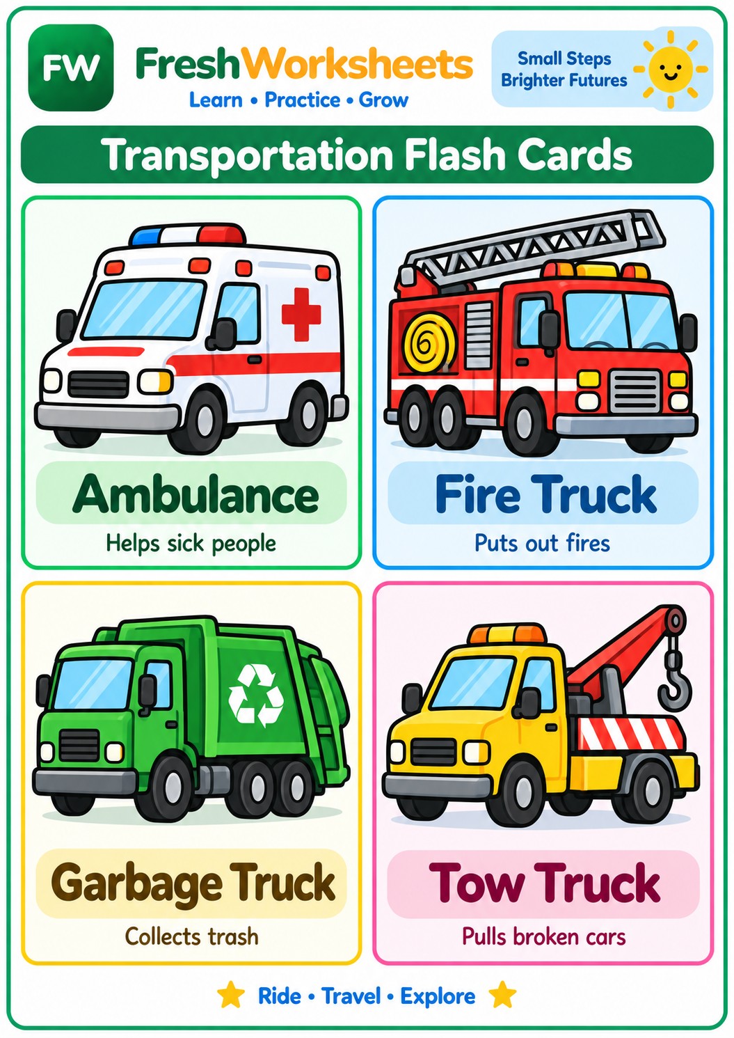 Free printable Transportation Flash Cards Set 5 worksheet PDF for kids