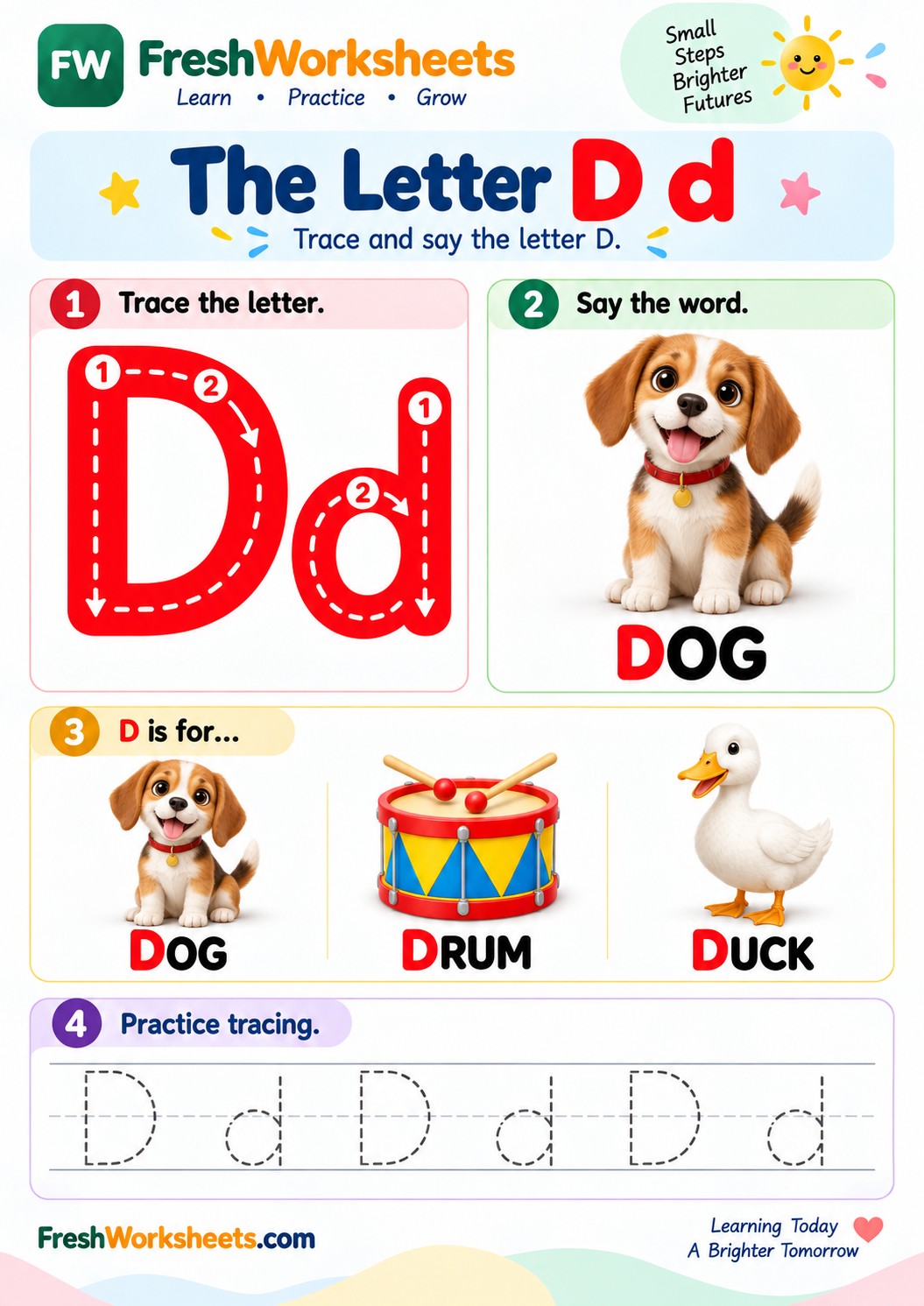 Free printable Uppercase and Lowercase Letter D worksheet PDF for kids