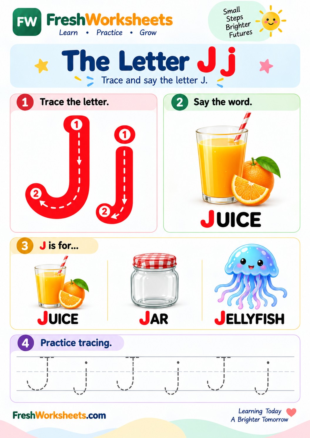Free printable Uppercase and Lowercase Letter J worksheet PDF for kids — J is for Juice