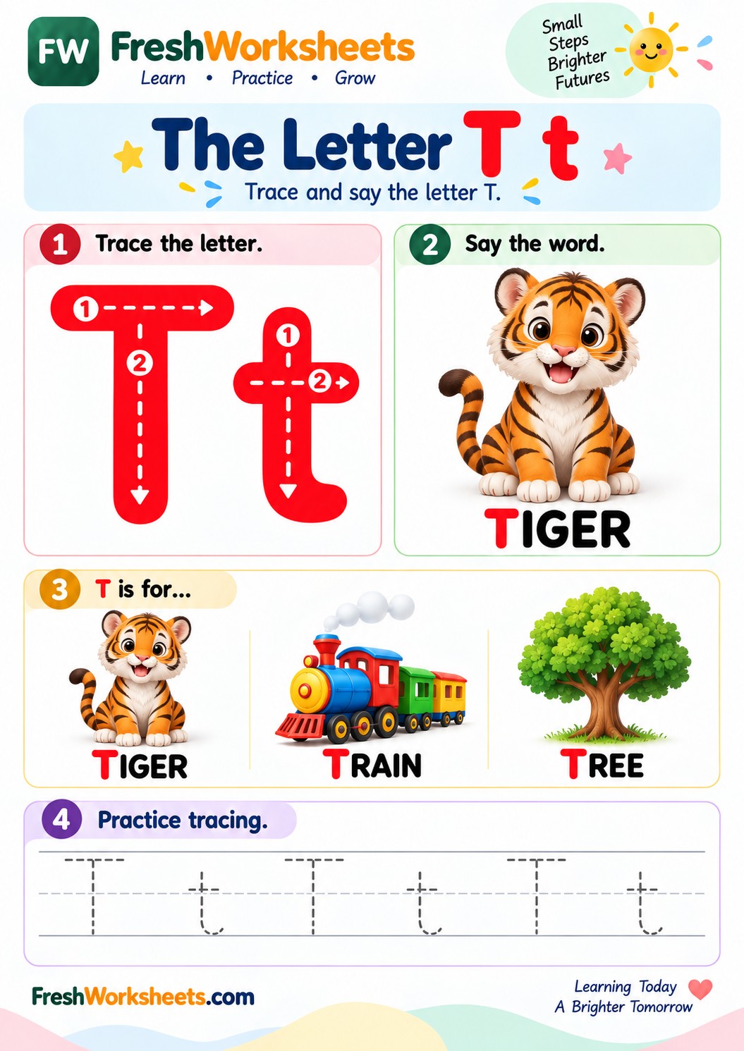 Free printable Uppercase and Lowercase Letter T worksheet PDF for kids — T is for Tiger