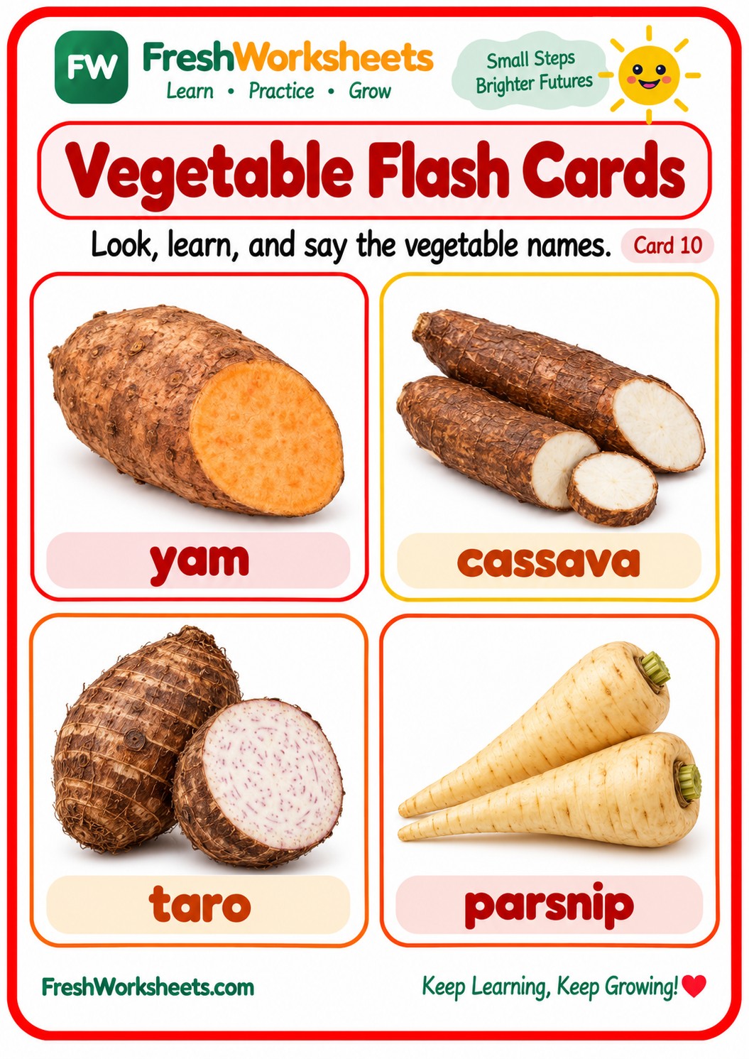 Free printable Vegetable Flash Cards Set 3 worksheet PDF for kids