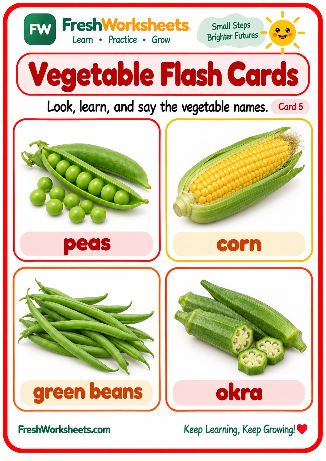Free printable Vegetable Flash Cards Set 4 worksheet PDF for kids