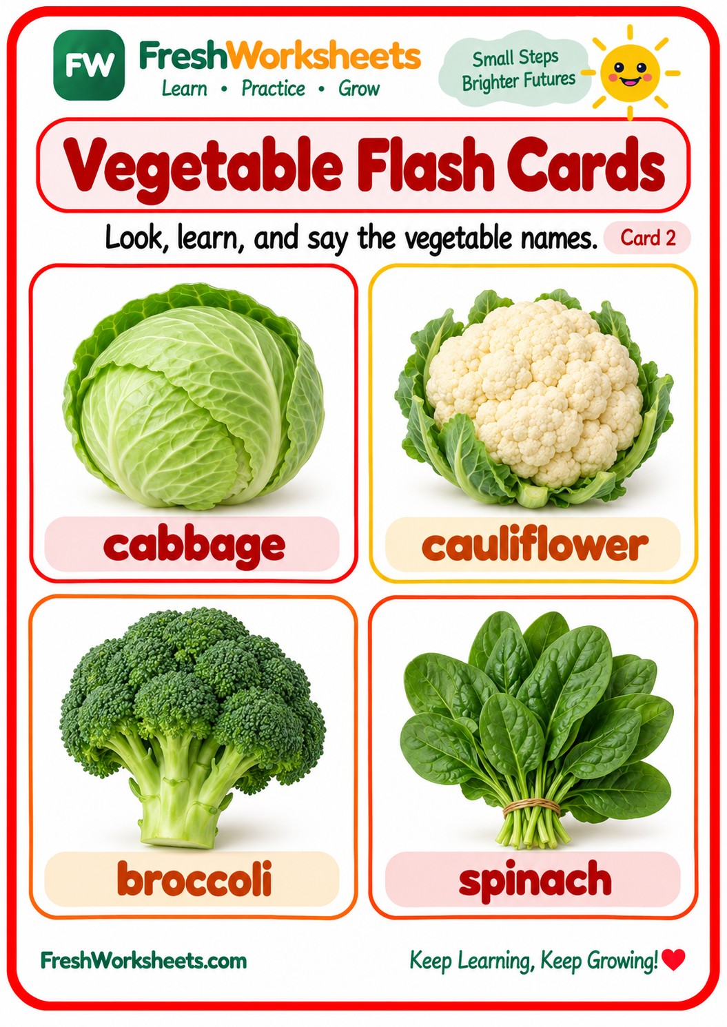 Free printable Vegetable Flash Cards Set 6 worksheet PDF for kids