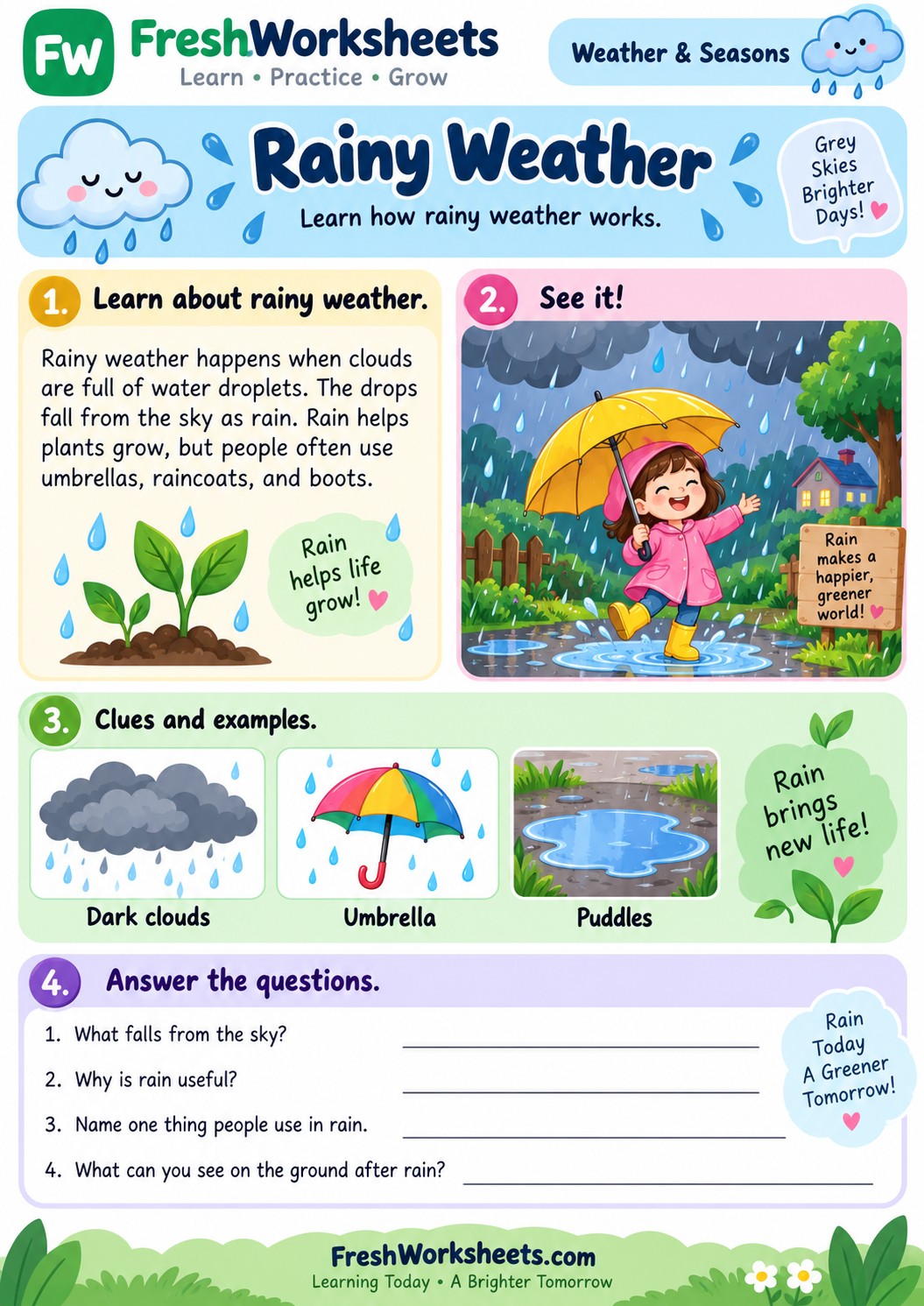 Free printable Rainy Weather worksheet PDF for kids