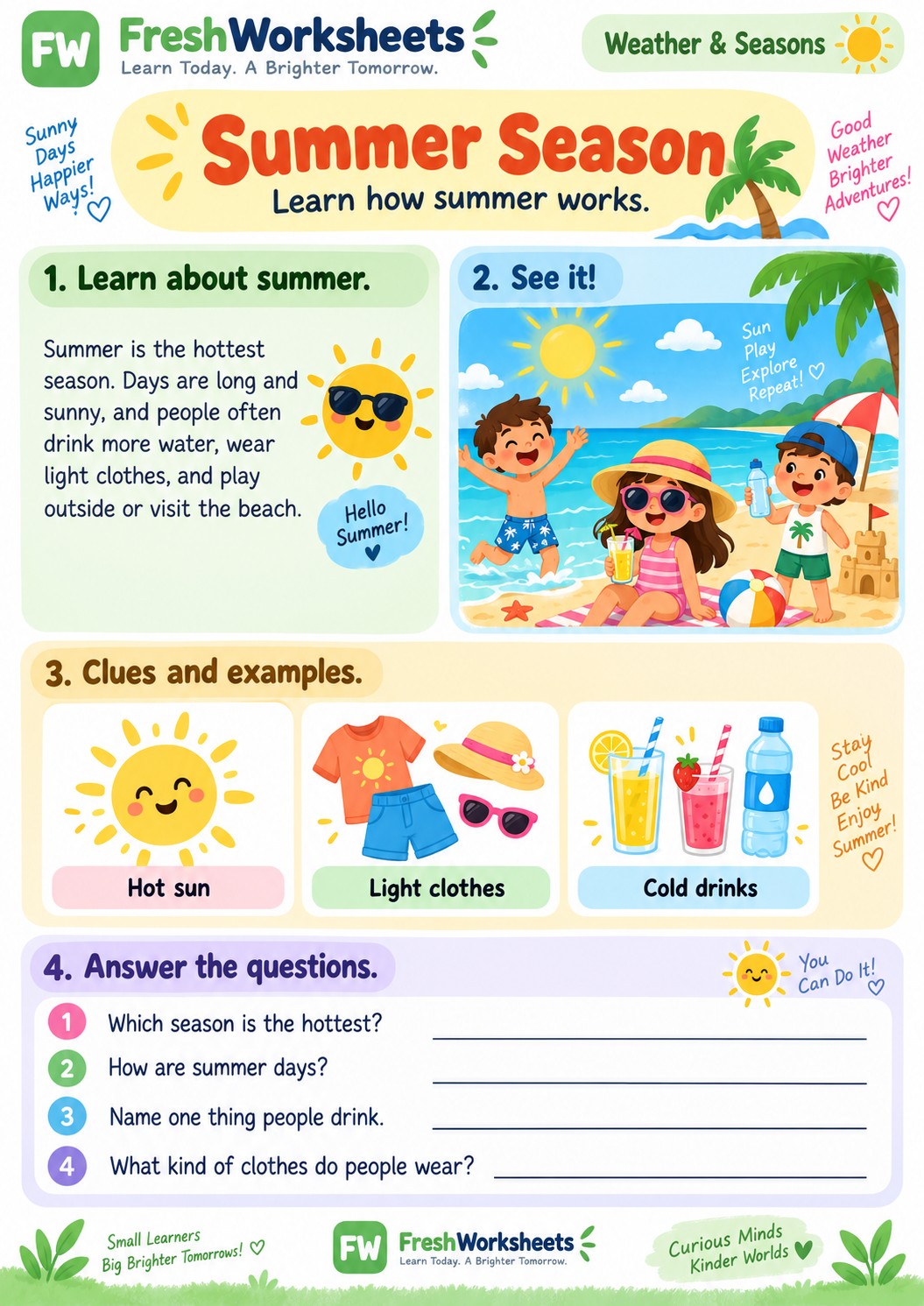 Free printable Summer Season worksheet PDF for kids — Read & answer