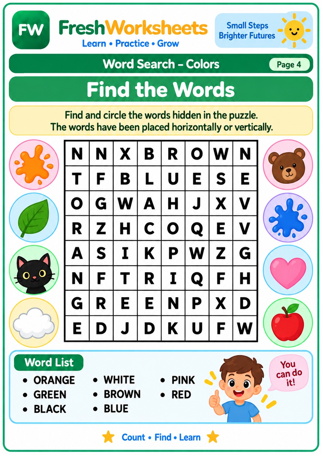 Free printable Colors Word Search worksheet PDF for kids