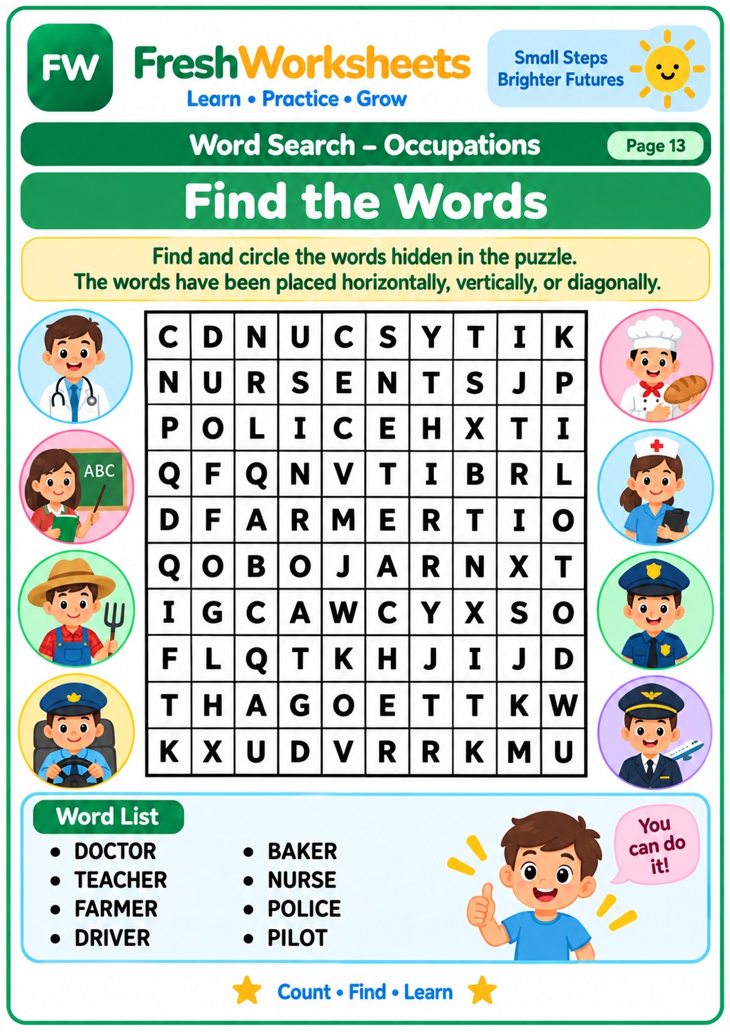 Free printable Community Helpers Word Search worksheet PDF for kids