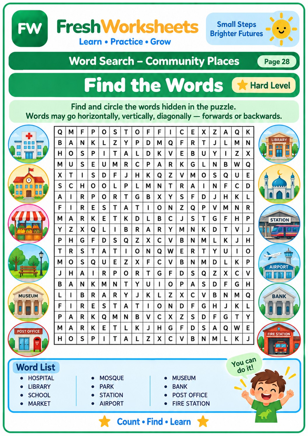 Free printable Community Places Word Search worksheet PDF for kids