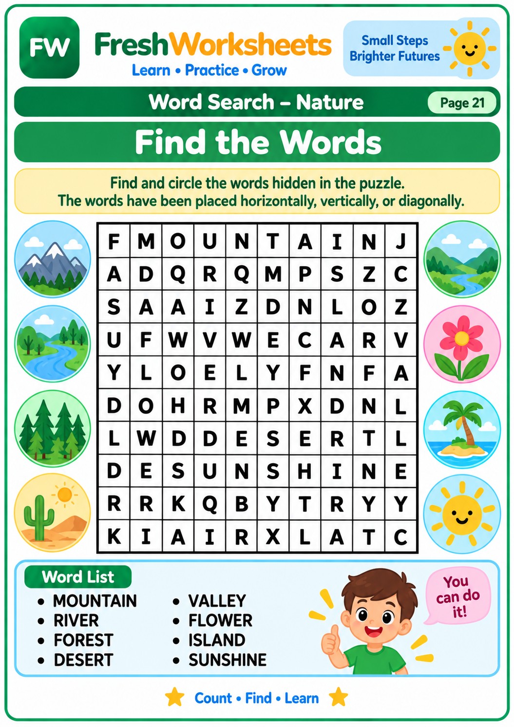 Free printable Nature Word Search worksheet PDF for kids