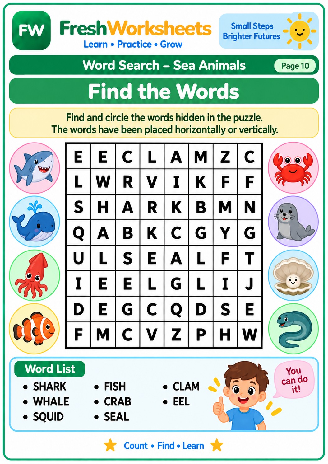 Free printable Sea Animals Word Search worksheet PDF for kids