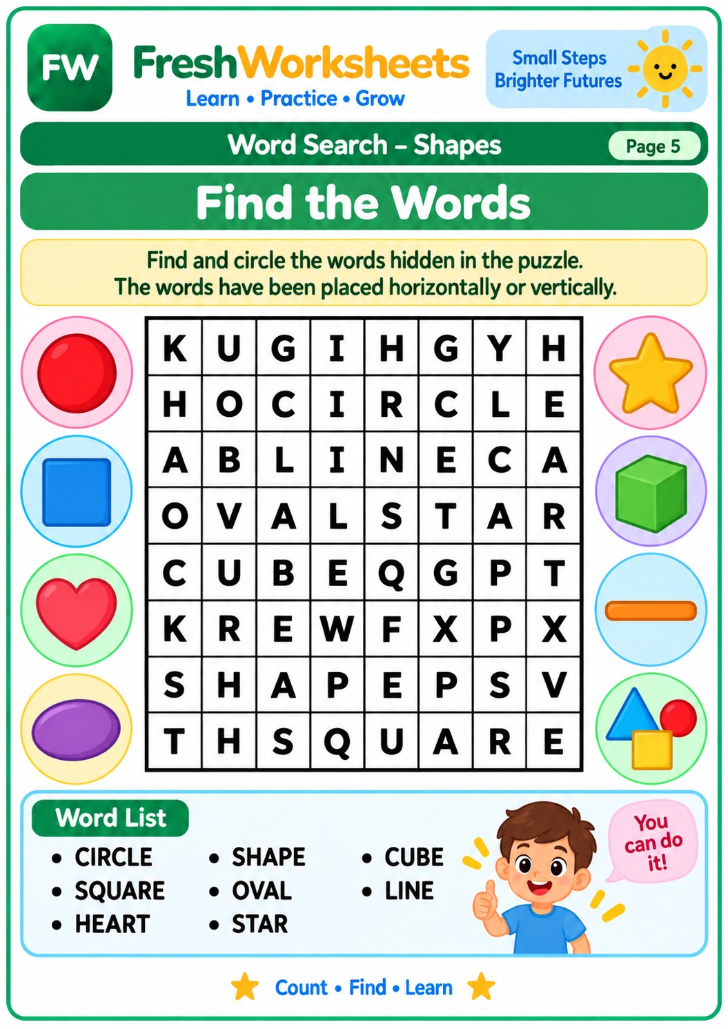 Free printable Shapes Word Search worksheet PDF for kids