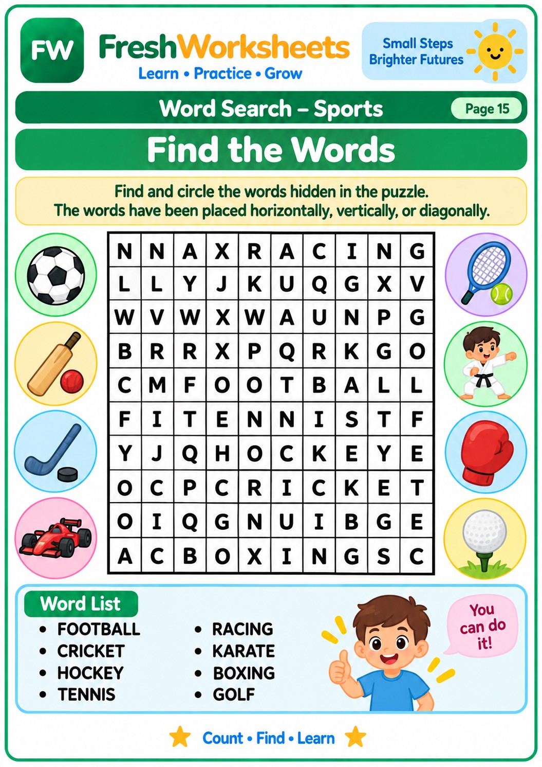 Free printable Sports Word Search worksheet PDF for kids